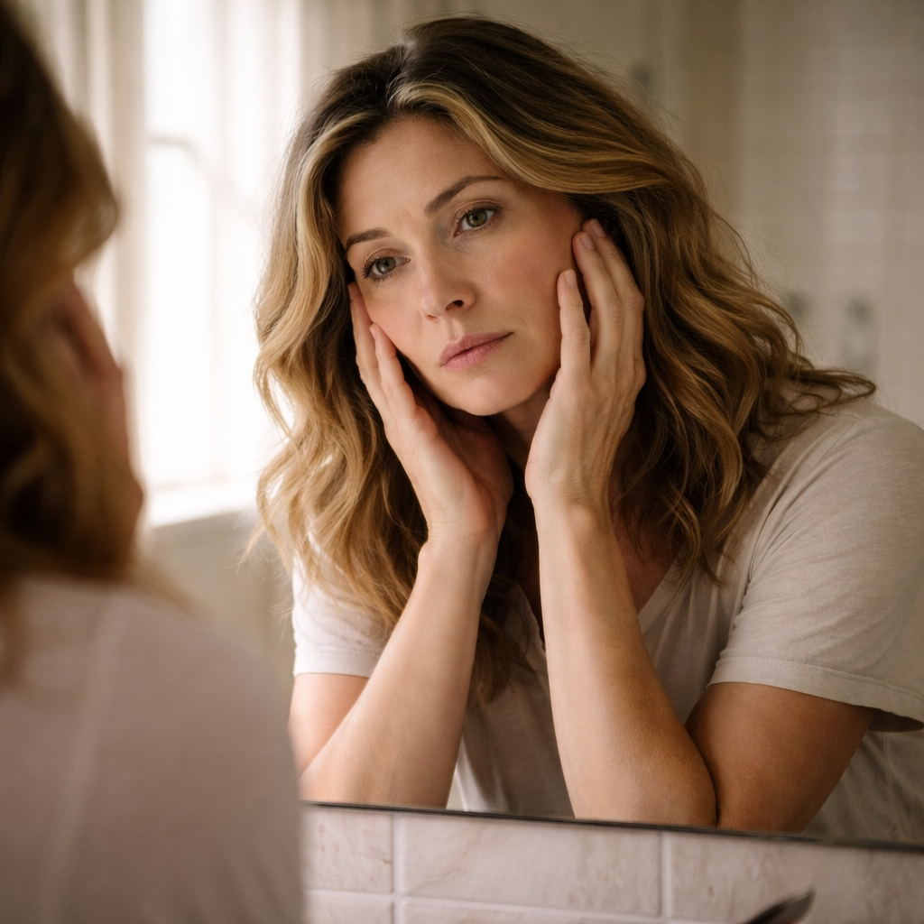 Woman looking at her reflection in the mirror feeling unlike herself