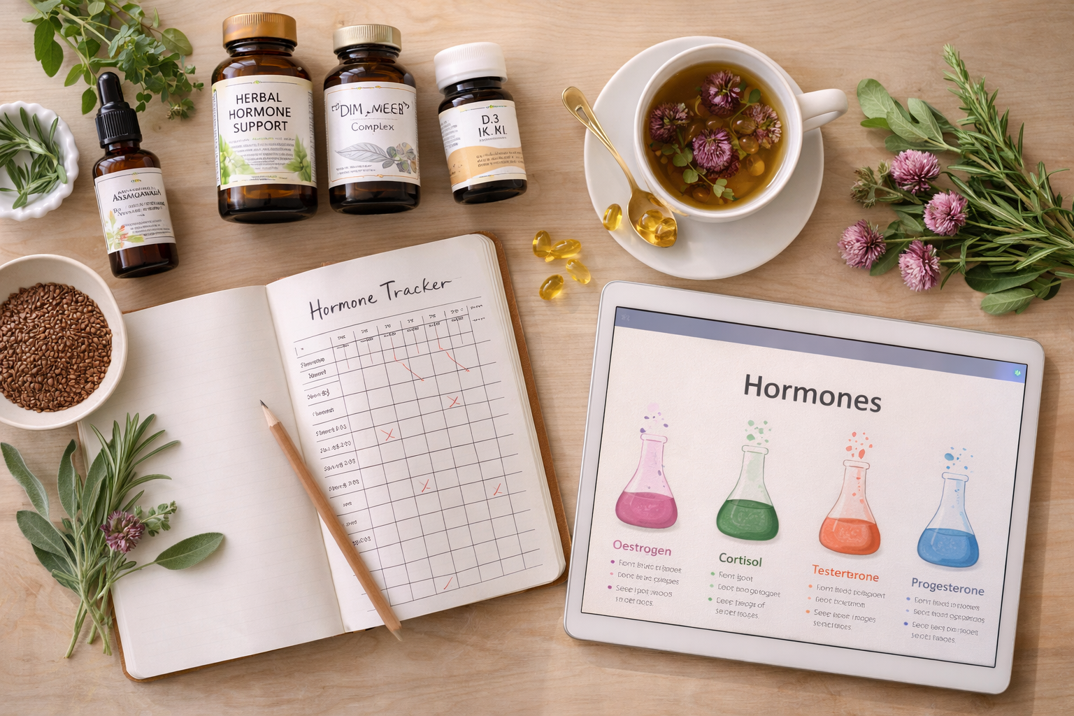 Natural supplements and botanicals for hormone balance laid out on a clean workspace