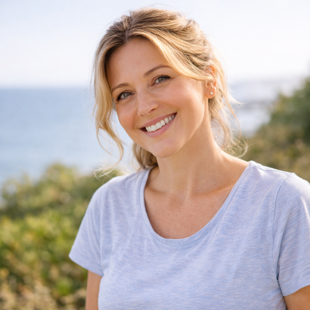 Confident energised woman after naturally restoring her hormone balance