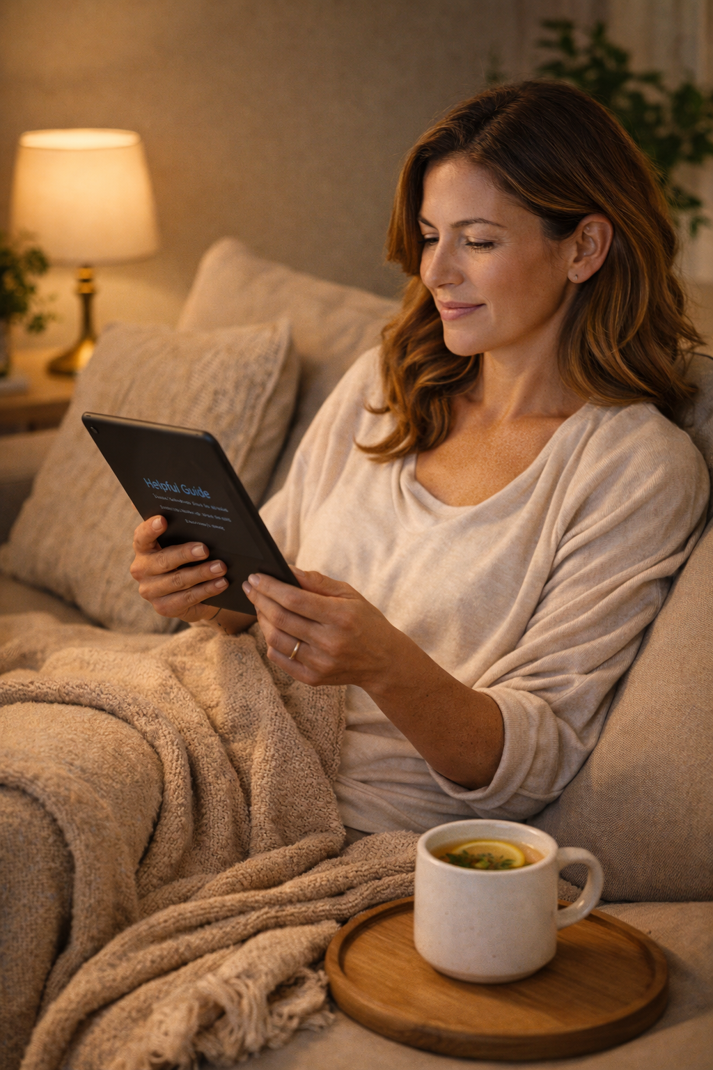 Woman comfortably reading the EstrogenPlus guide at home